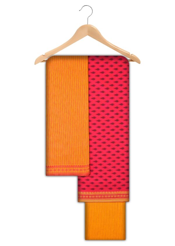 Damini Border Cotton Dress Materials (Red-Yellow)