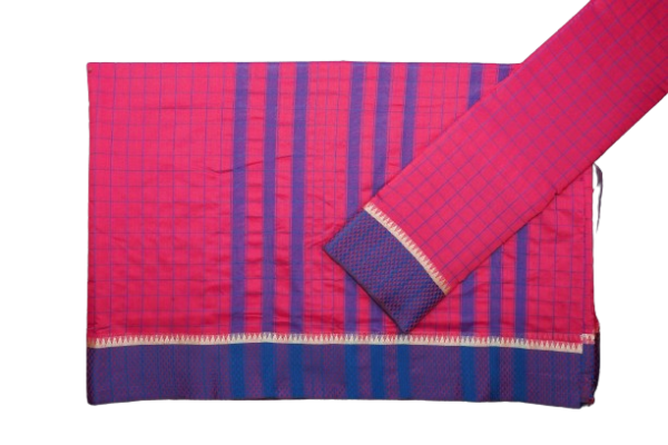 Poona Diamond Border Cotton Checks Saree(Rani-D-Blue ) - Image 2