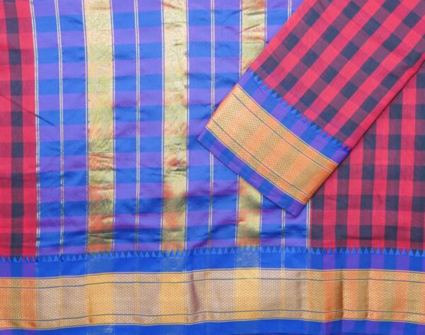 Poona Paithani Cotton Tum –Tum Checks Saree (Red-D Blue) - Image 3