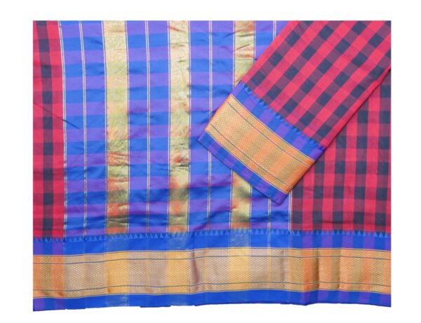 Poona Paithani Cotton Tum –Tum Checks Saree (Red-D Blue) - Image 4