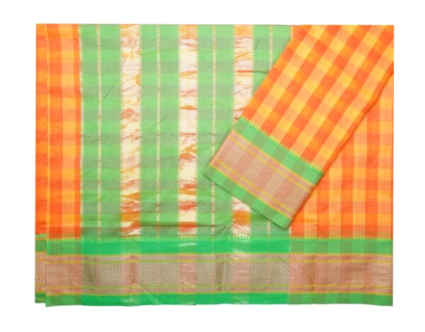 Poona Paithani Cotton Tum –Tum Checks Saree (Golden-Green) - Image 3