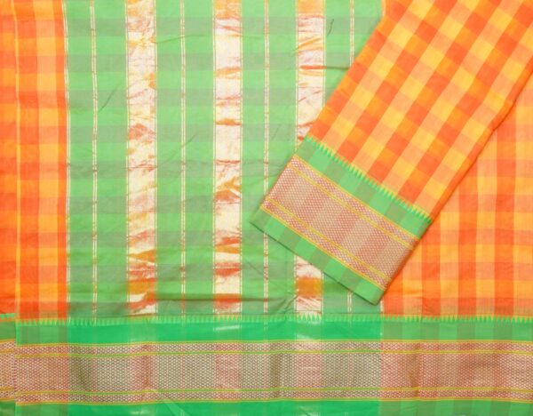 Poona Paithani Cotton Tum –Tum Checks Saree (Golden-Green) - Image 4