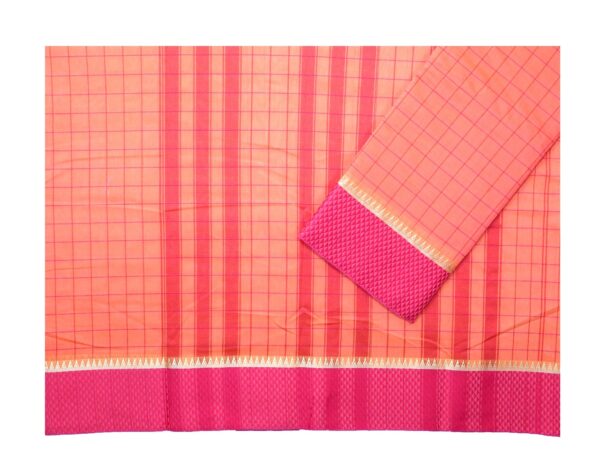 Poona Diamond Border Cotton Checks Saree (Orange-Rani) - Image 4