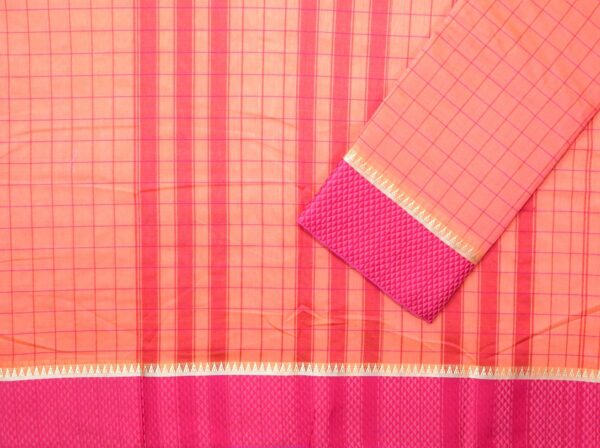 Poona Diamond Border Cotton Checks Saree (Orange-Rani) - Image 3