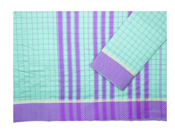 Poona Diamond Border Cotton Checks Saree (Pista-Purpal) - Image 3