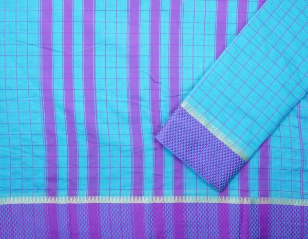 Poona Diamond Border Cotton Checks Saree (Blue-Majenta) - Image 2