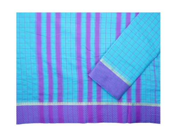 Poona Diamond Border Cotton Checks Saree (Blue-Majenta) - Image 4