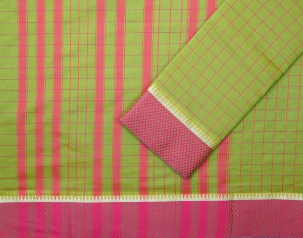 Poona Diamond Border Cotton Checks Saree (Mehandi-Rani) - Image 2