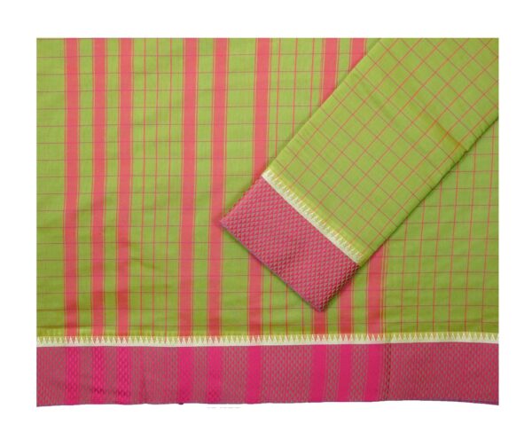 Poona Diamond Border Cotton Checks Saree (Mehandi-Rani) - Image 3