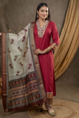 PAITHANI BORDER KALAMKARI SUITS - Red